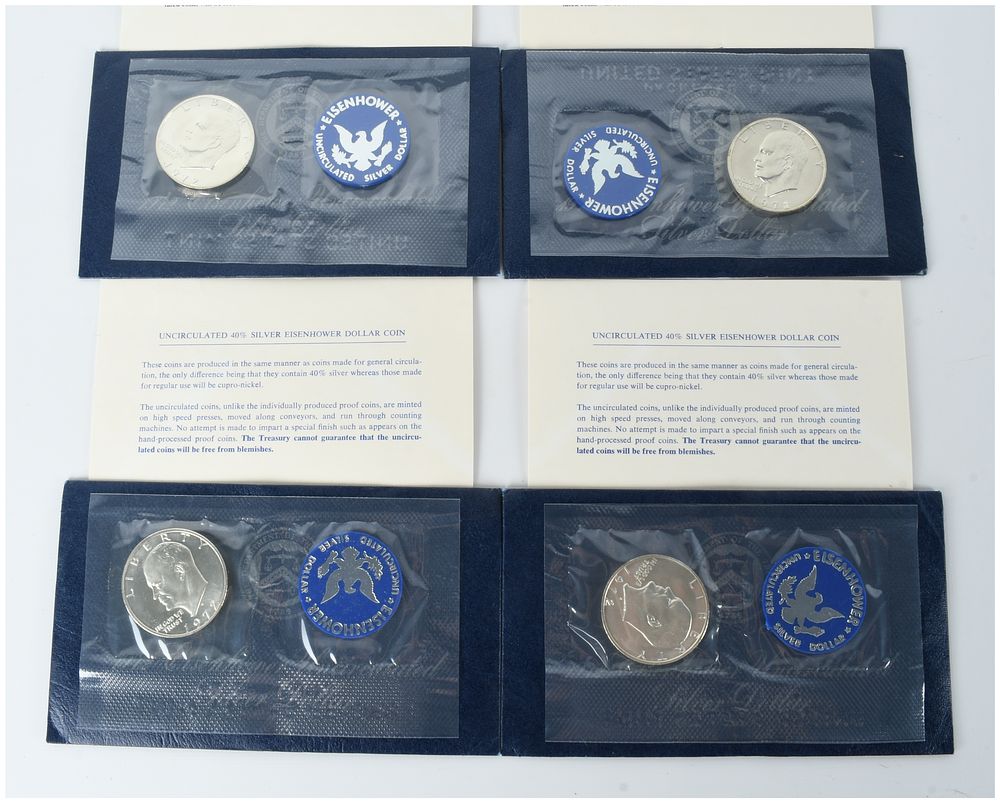 Lot 440: Four 1972-S US Eisenhower Silver Dollars 40% Silver Uncirculated Blue Packets