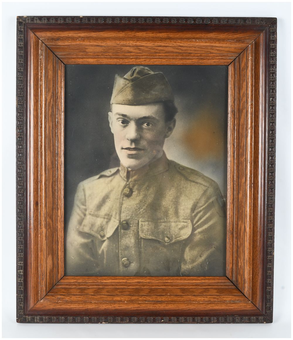 Lot 1043: WWI US Army Soldier Hand-Tinted Studio Portrait Photograph in Quarter-Sawn Oak Frame