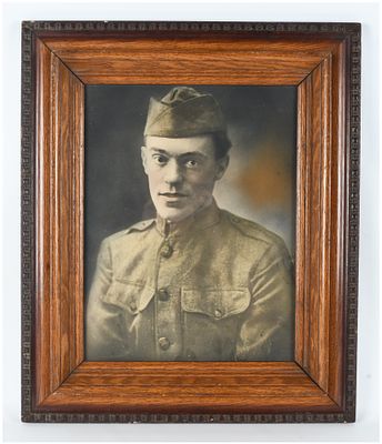 WWI US Army Soldier Hand-Tinted Studio Portrait Photograph in Quarter-Sawn Oak Frame. This lot 