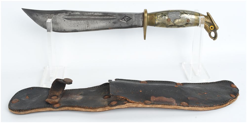 Lot 1160: Mexican Eagle-Head Fighting Knife with Leather Scabbard