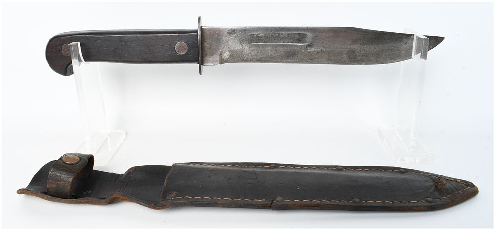 Lot 1220: Antique Clip-Point Fighting Knife and Hand-Stitched Leather Scabbard