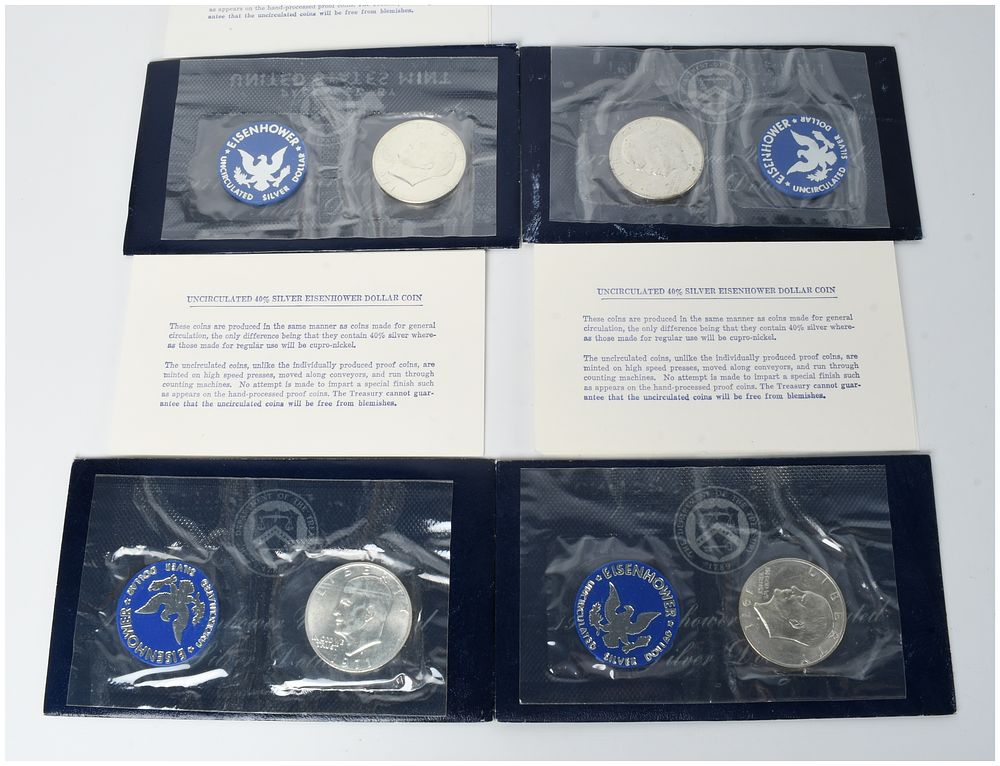 Lot 1349: 4 US 1971-S Eisenhower Uncirculated 40% Silver Dollars in Original Mint Packaging