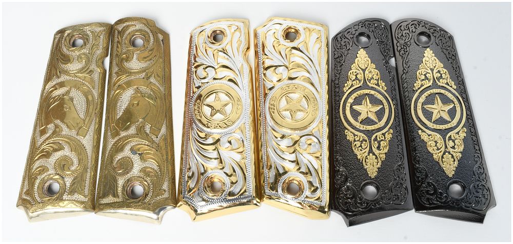 Lot 1457: Three Pairs of Custom Full-Size 1911 Pistol Grips including Sterling Silver and Gold-Plated Examples