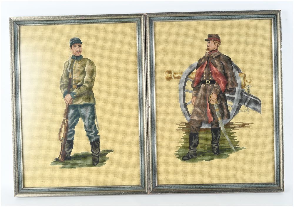 Lot 1523: A Pair of Framed Needlepoint Panels Depicting Civil War Soldiers