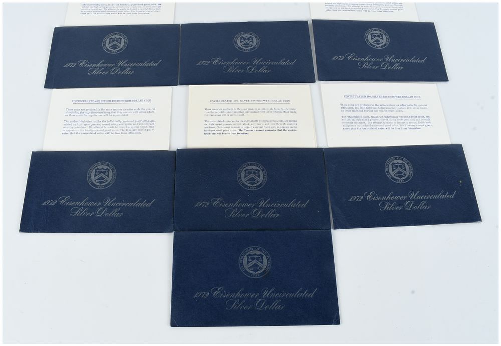 Lot 1589: Seven US 1972 Eisenhower Silver Dollar Empty Sleeves with COAs