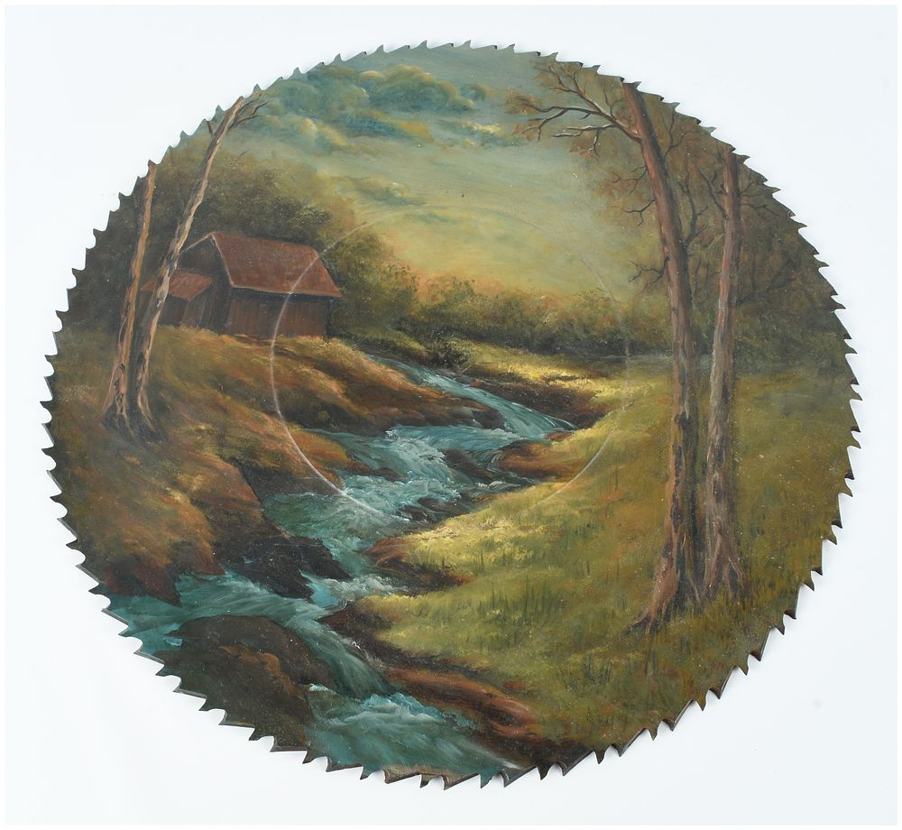 Lot 152: American School, 20th Century, Landscape with Cabin and Stream Painted on a Circular Saw Blade