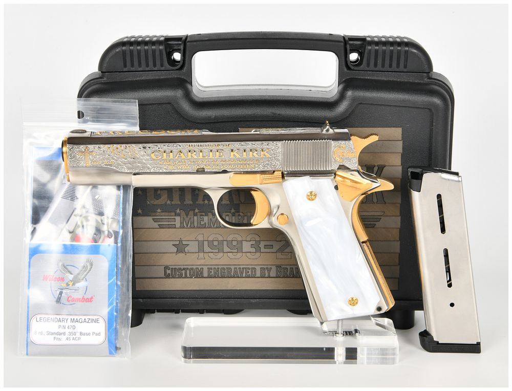 Lot 306: Charlie Kirk Engraved M1911-A1 Semi-Automatic Pistol .45 ACP 24K Gold Plated