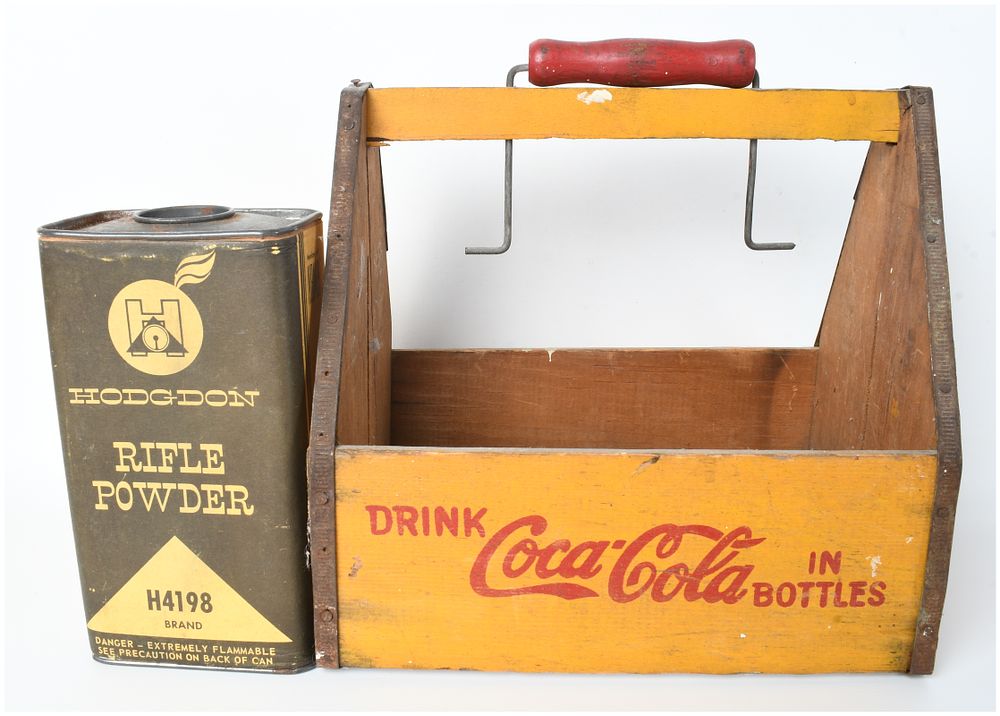 Lot 1142: Two Vintage Advertising Items: Hodgdon H4198 Rifle Powder Tin and Coca-Cola War Wings Wooden Carrier