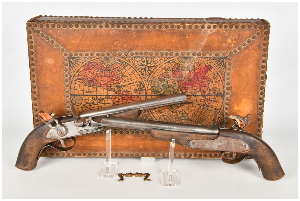 Lot 1155: A Cased Pair of Flintlock Muzzle-Loading Kit-Built Pistols Antique