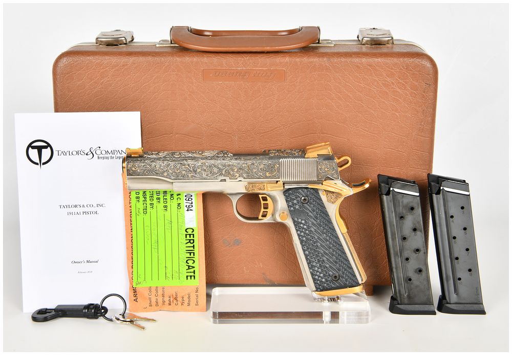 Lot 1215: Highly Engraved Taylor's & Co. 1911A1-FS Semi-Auto Pistol 9mm Nickel & 24K Gold