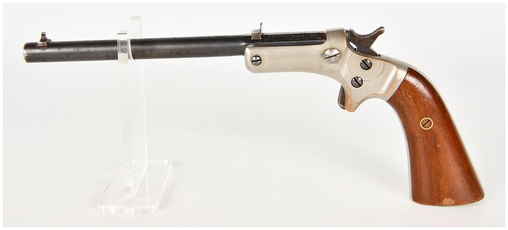 Lot 1335: J. Stevens & Co. Tip-Up Single Shot Pistol .22 Caliber with 6 Inch Barrel Antique