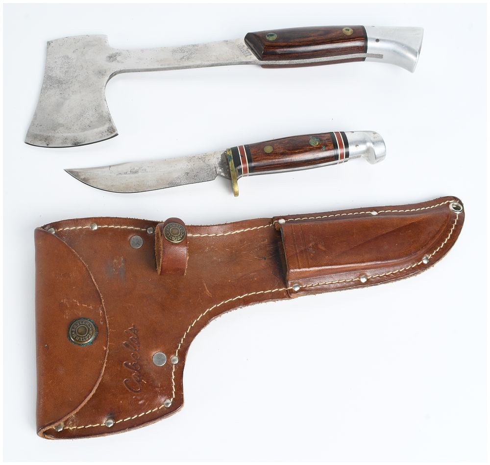 Lot 1586: Western W66 and W10 Fixed Blade Knife and Hatchet Set with Cabela's Leather Sheath