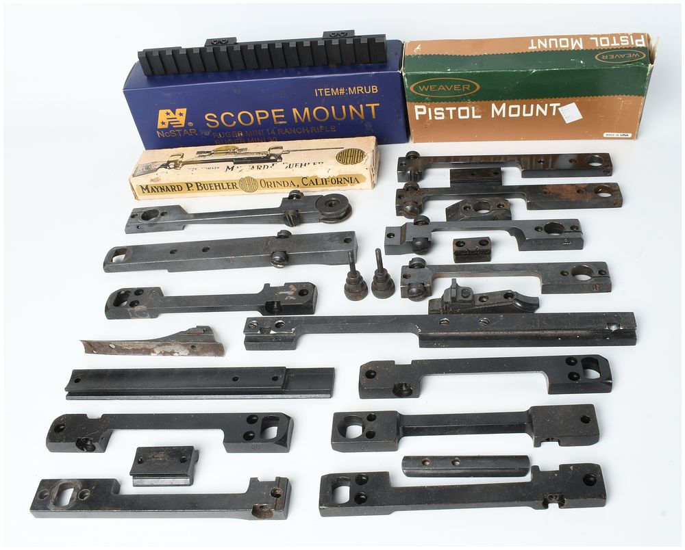 Lot 239: A Collection of 25 Firearm Scope Mount Bases and Accessories Including Buehler Weaver and NcSTAR