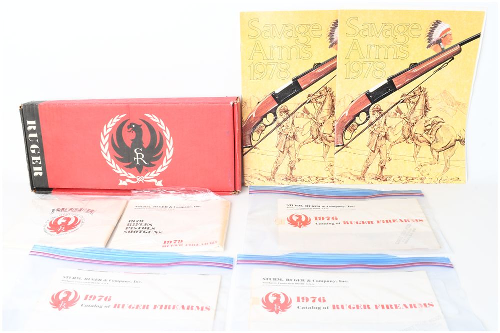 Lot 284: A Collection of Vintage Savage Arms and Ruger Firearm Catalogs with a Ruger Factory Box