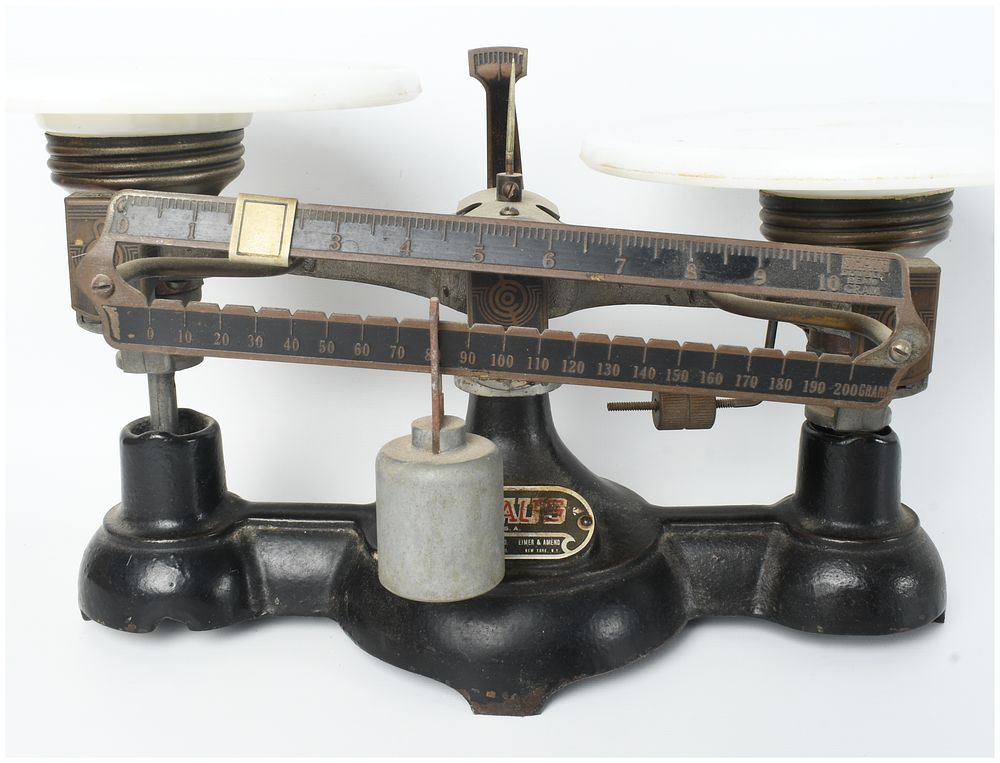 Lot 344: Ohaus Double Beam Laboratory Balance Scale with Milk Glass Pans