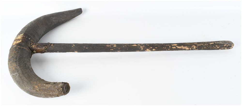 Lot 524: Central African Ceremonial Prestige Axe with Horn Head and Brass Tack Embellishment