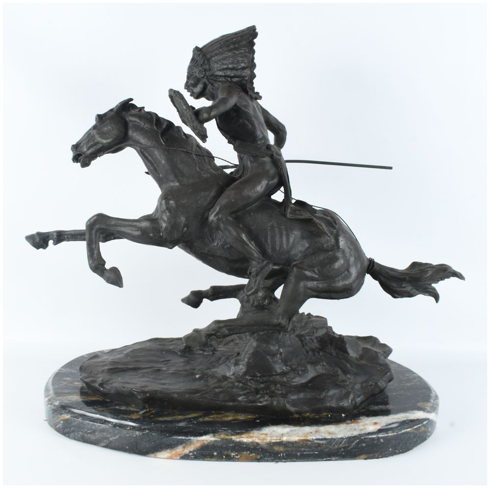 Lot 1025: Frederic Remington Warrior Bronze Sculpture on Marble Base