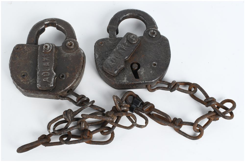 Lot 1073: A Pair of Vintage Adlake Railroad Padlocks with Chains, CB&Q and PRR