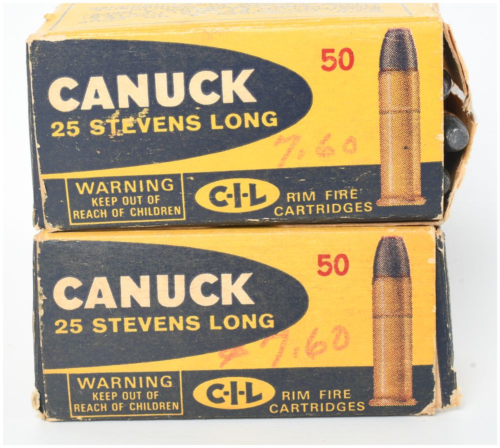 Lot 1112: A Lot of 100 Rounds of Canadian Industries Limited Canuck .25 Stevens Long Ammunition