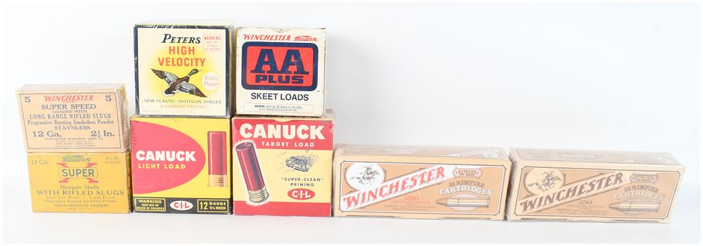 Lot 1598: A Lot of 8 Ammunition Boxes Including 10 Rounds of 12 Gauge Rifled Slugs