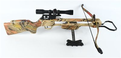 Camouflage Pattern Recurve Hunting Crossbow with Simmons 4x32 Scope. A recurve hunting crossbow 