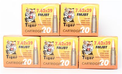 A Lot of 100 Rounds of Golden Tiger 7.62x39mm FMJBT Ammunition. This lot consists of 100 rounds 