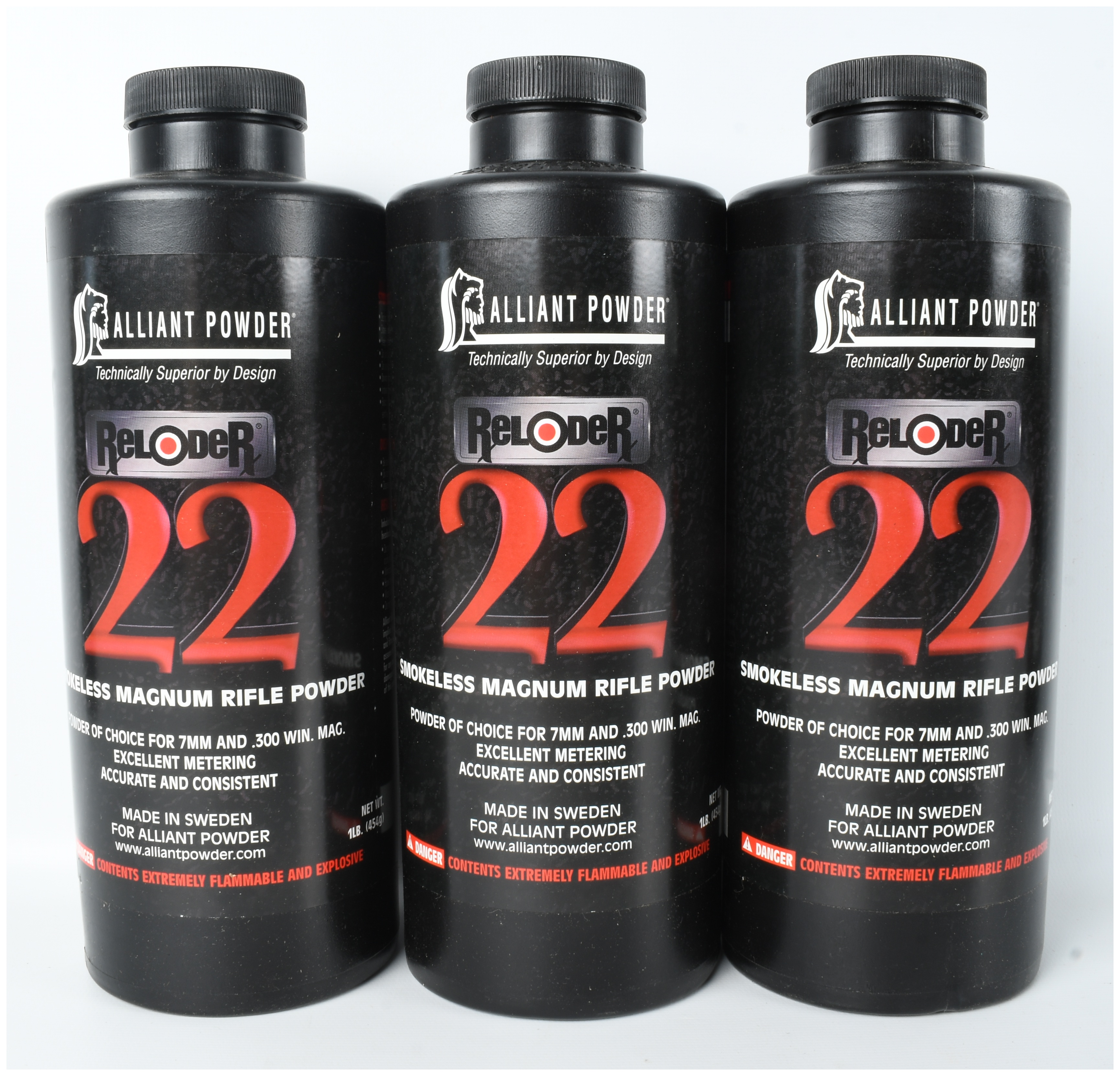 Three 1-Pound Containers of Alliant Powder Reloder 22 Smokeless Magnum Rifle Powder