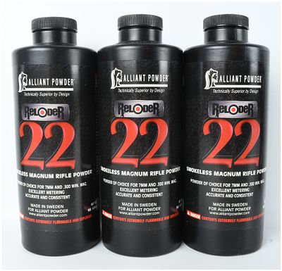 Three 1-Pound Containers of Alliant Powder Reloder 22 Smokeless Magnum Rifle Powder. A lot 