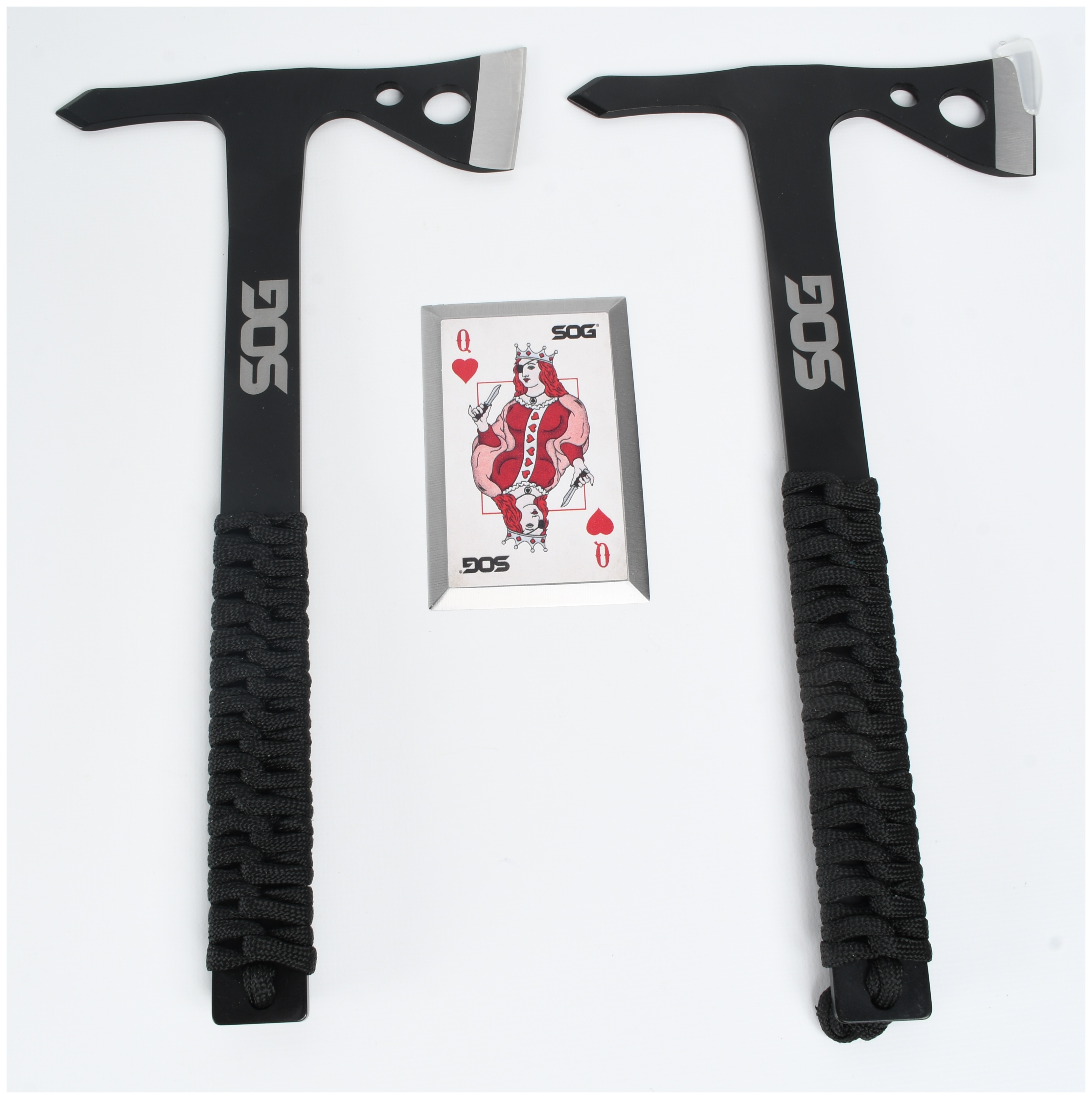 Two SOG Tactical Tomahawks and a Throwing Card