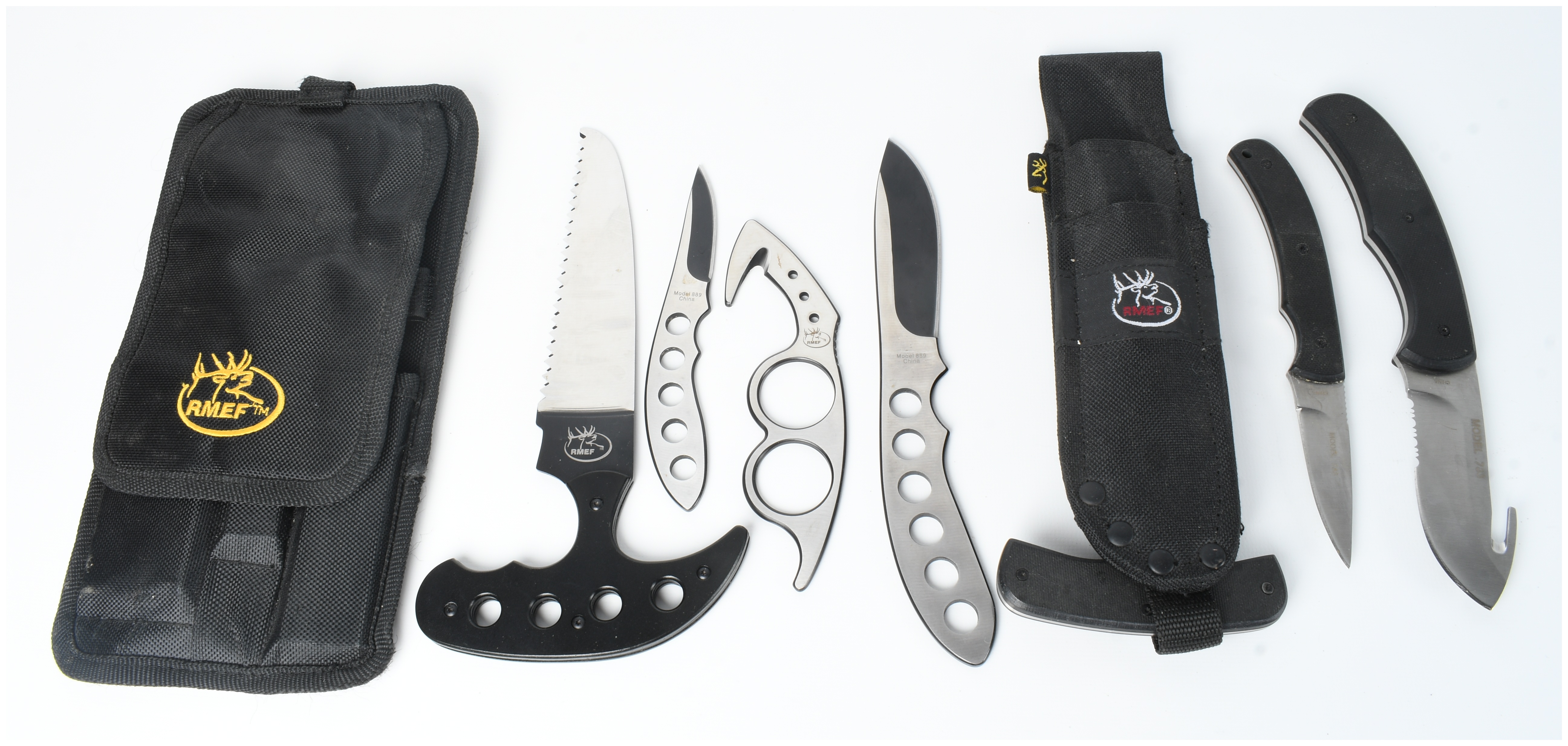 Two Rocky Mountain Elk Foundation RMEF Hunting and Field Dressing Knife Sets with Sheaths
