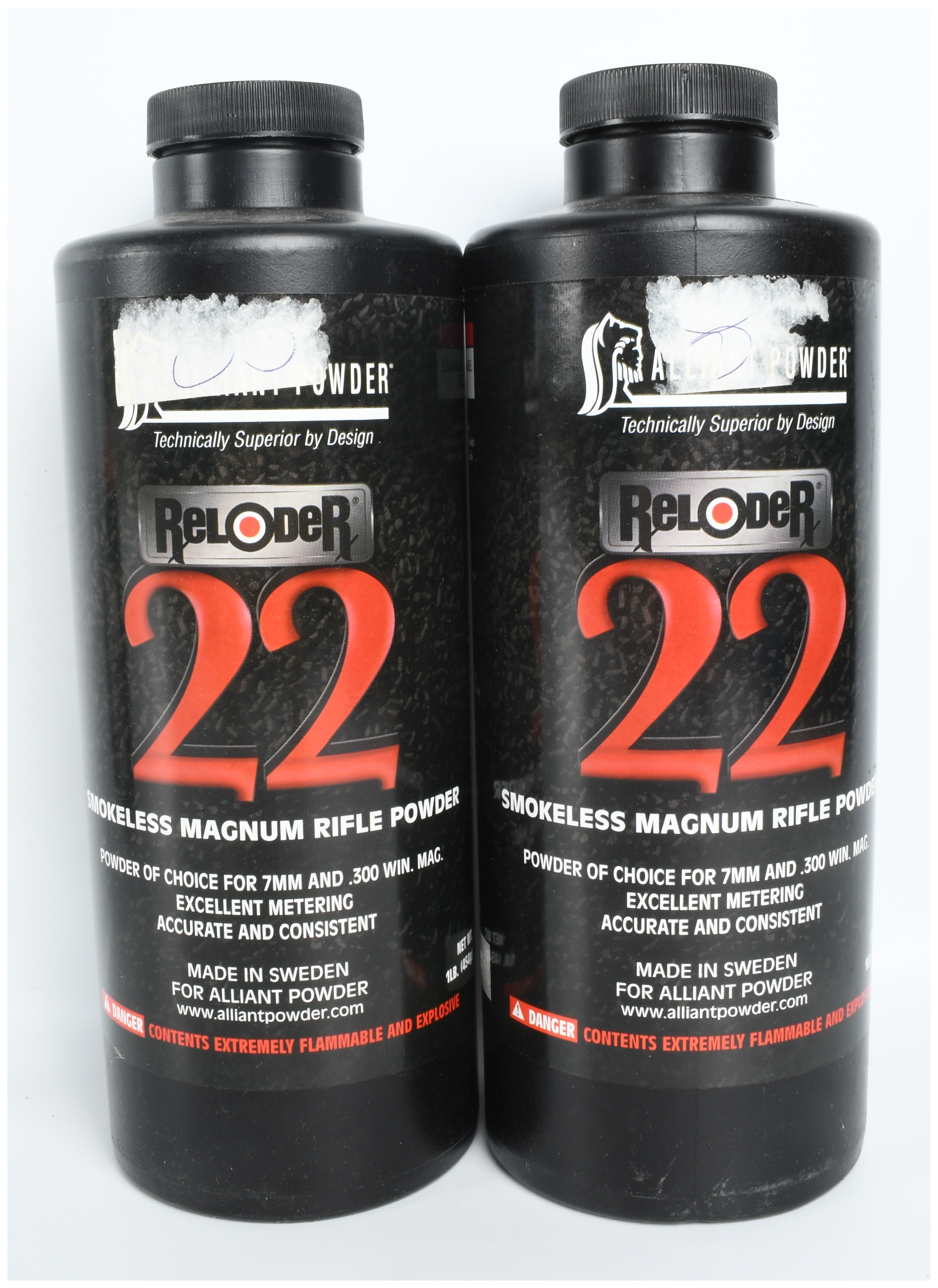 A Pair of 1 lb Containers of Alliant Powder Reloder 22 Smokeless Magnum Rifle Powder