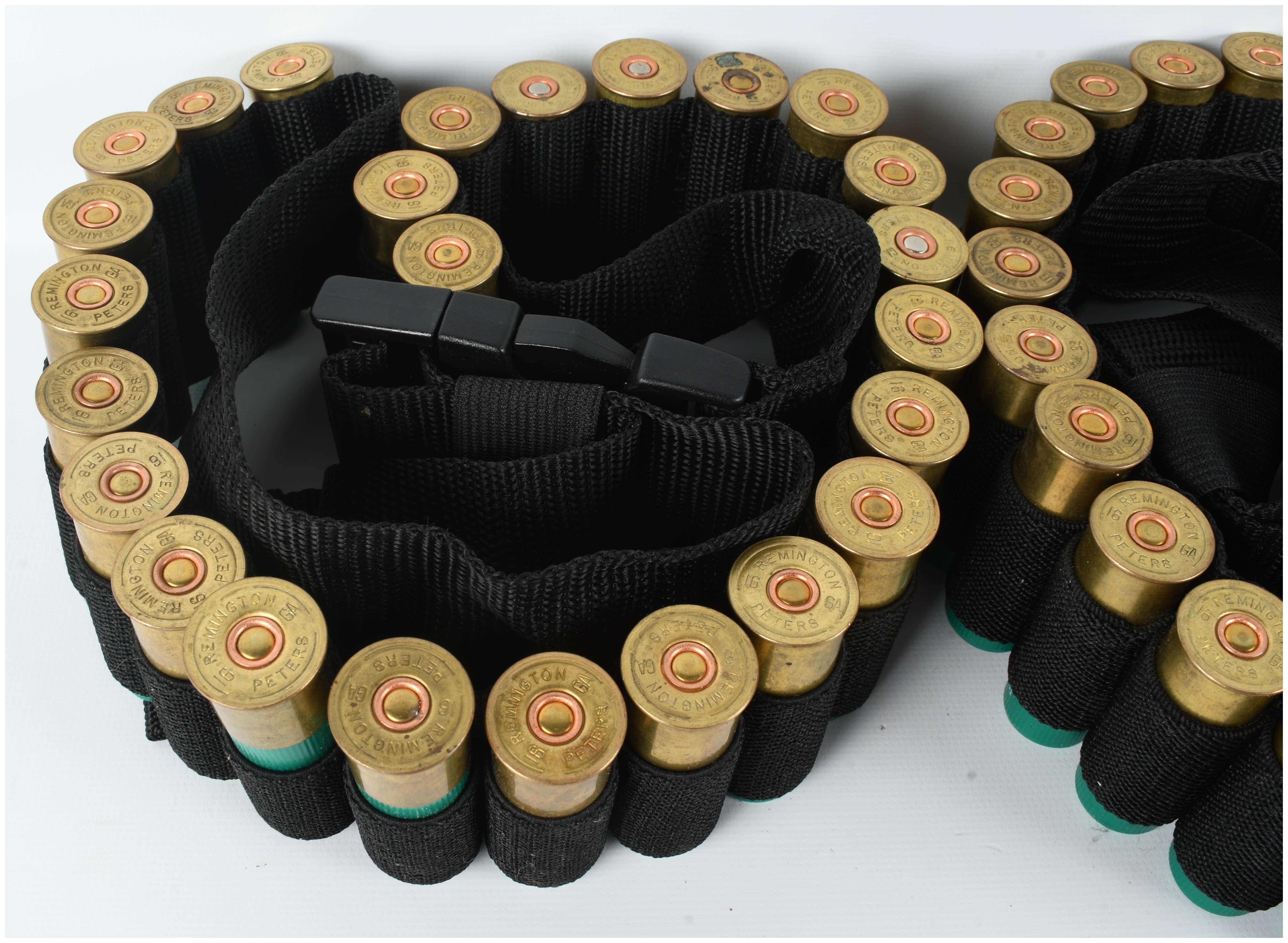 A Group of 50 16 Ga Shotgun Shells and Two Nylon Bandoliers