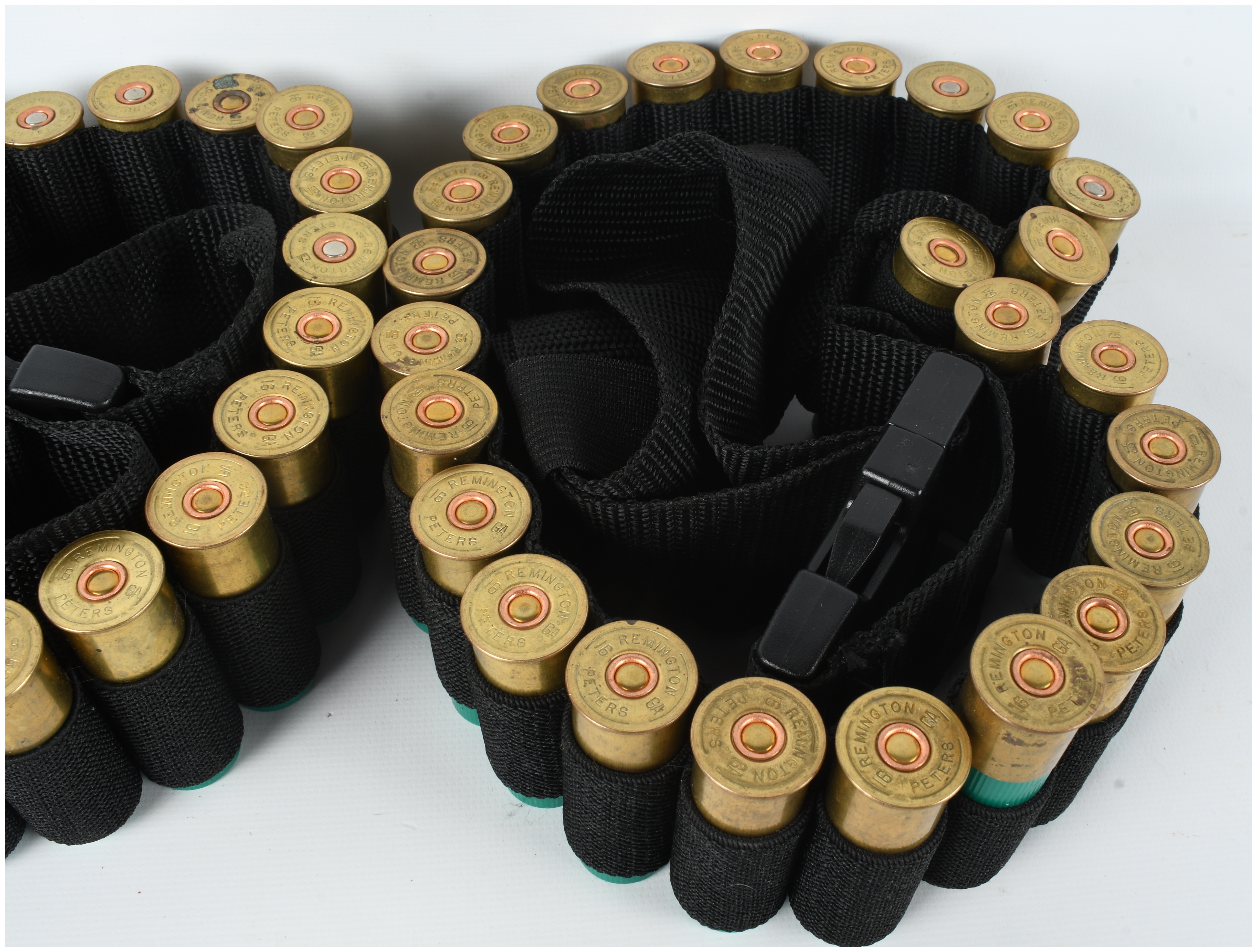 A Group of 50 16 Ga Shotgun Shells and Two Nylon Bandoliers