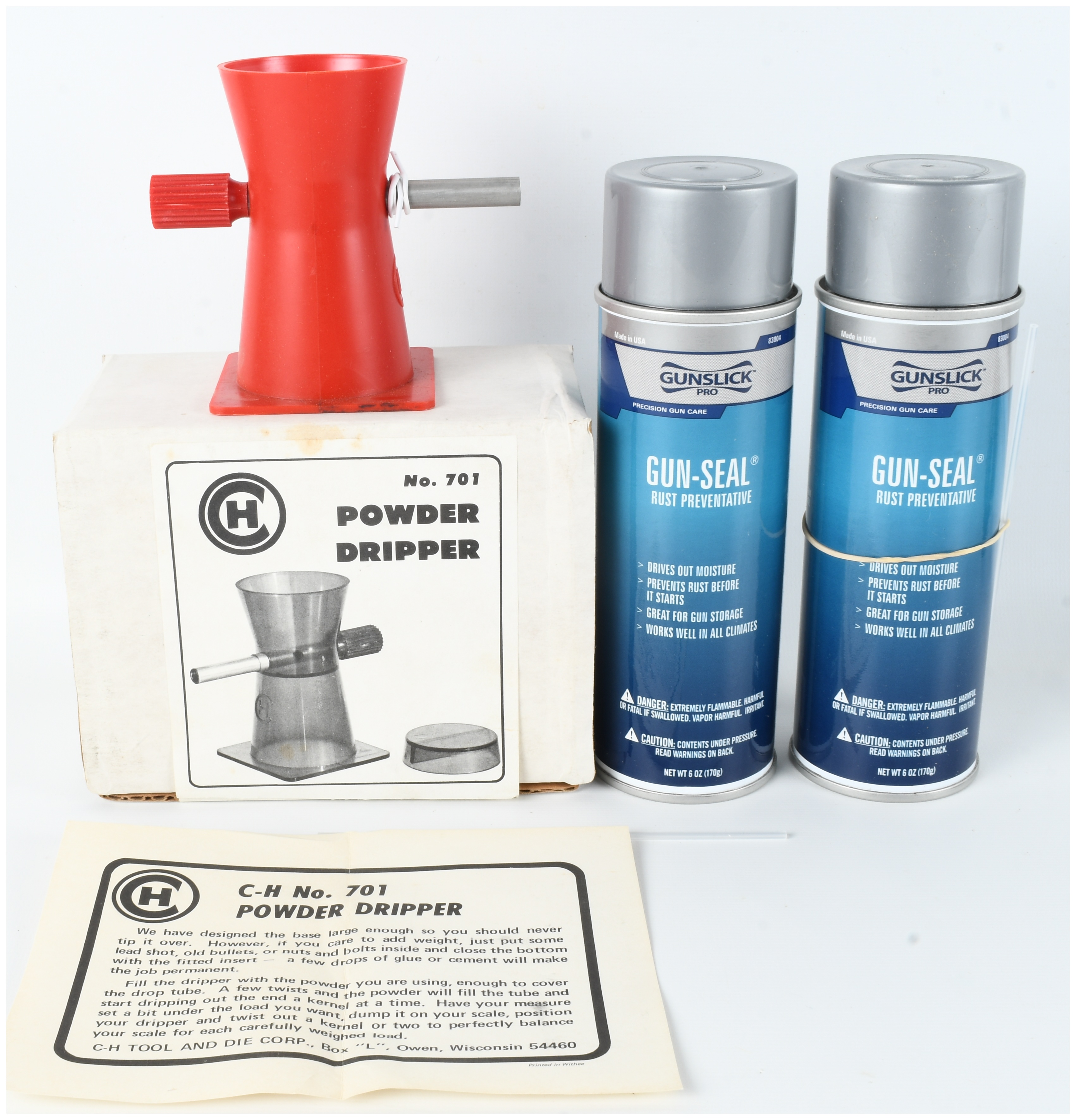 Three Vintage Reloading and Gun Care Items Including C-H Powder Dripper and Gunslick Gun-Seal