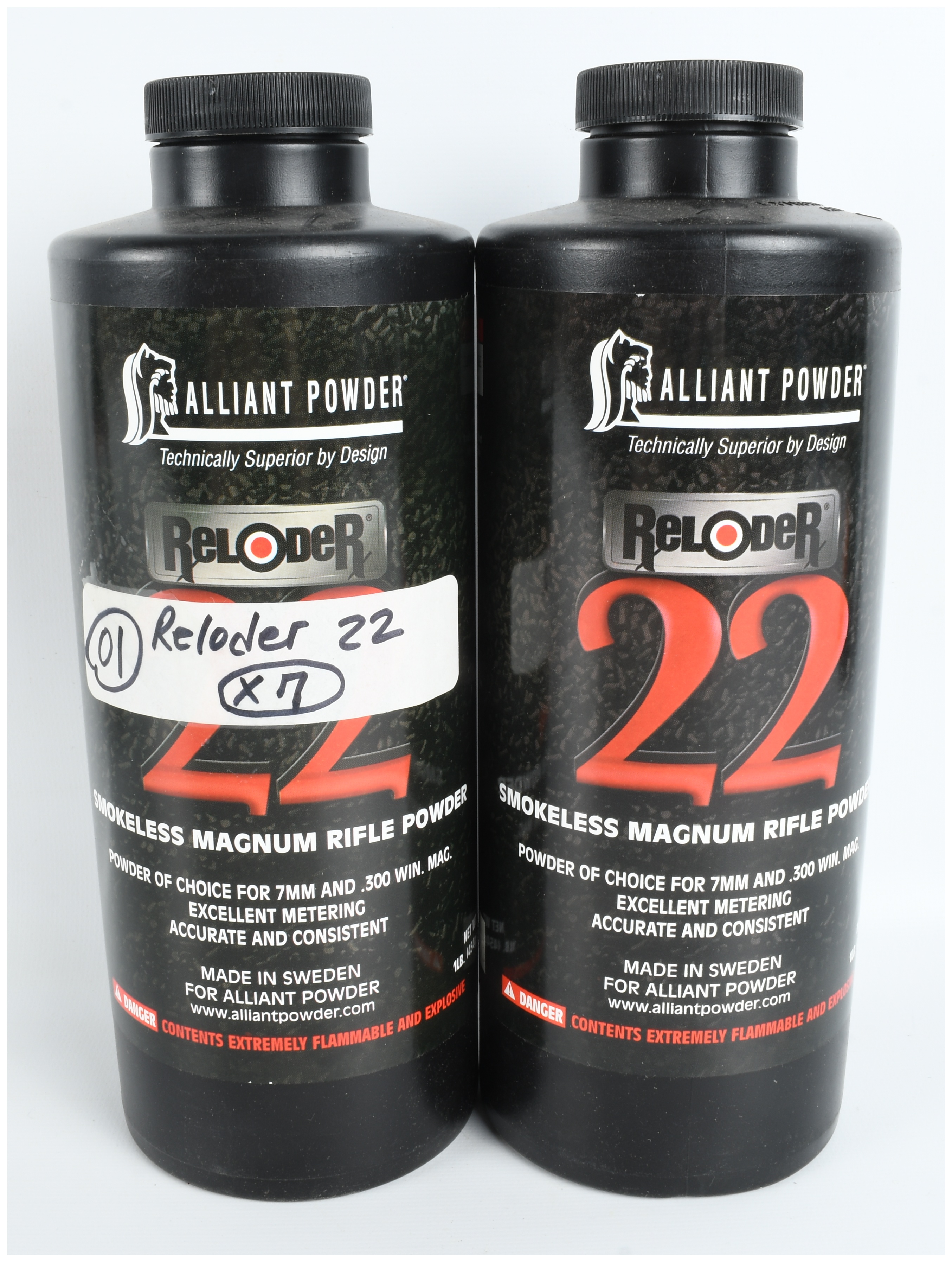 A Pair of Alliant Powder Reloder 22 Smokeless Magnum Rifle Powder Containers, 2lbs Total