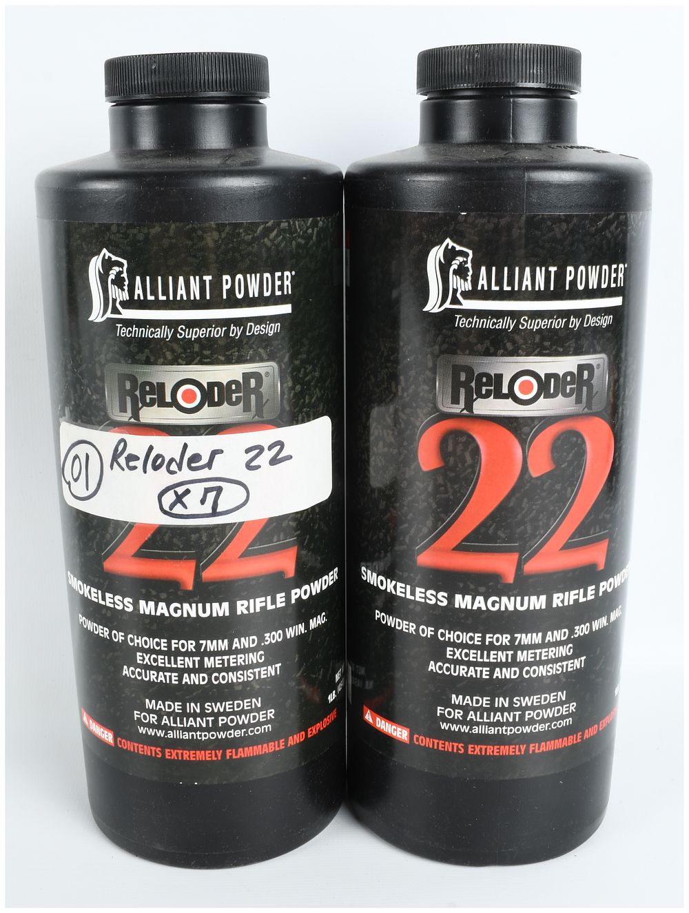 Lot 224: A Pair of Alliant Powder Reloder 22 Smokeless Magnum Rifle Powder Containers, 2lbs Total