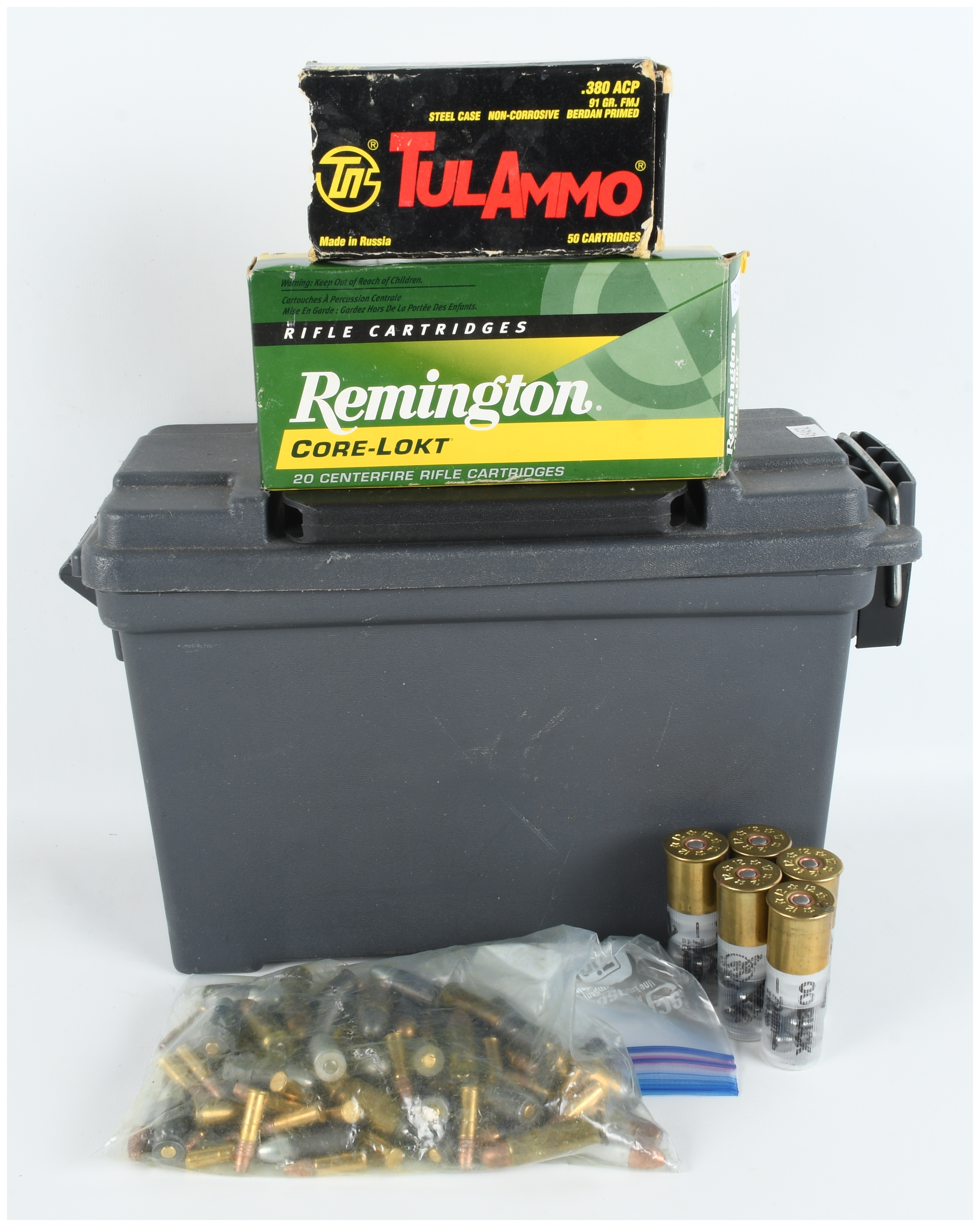 A Lot of 129 Mixed Live Ammunition Rounds with Plastic Storage Can