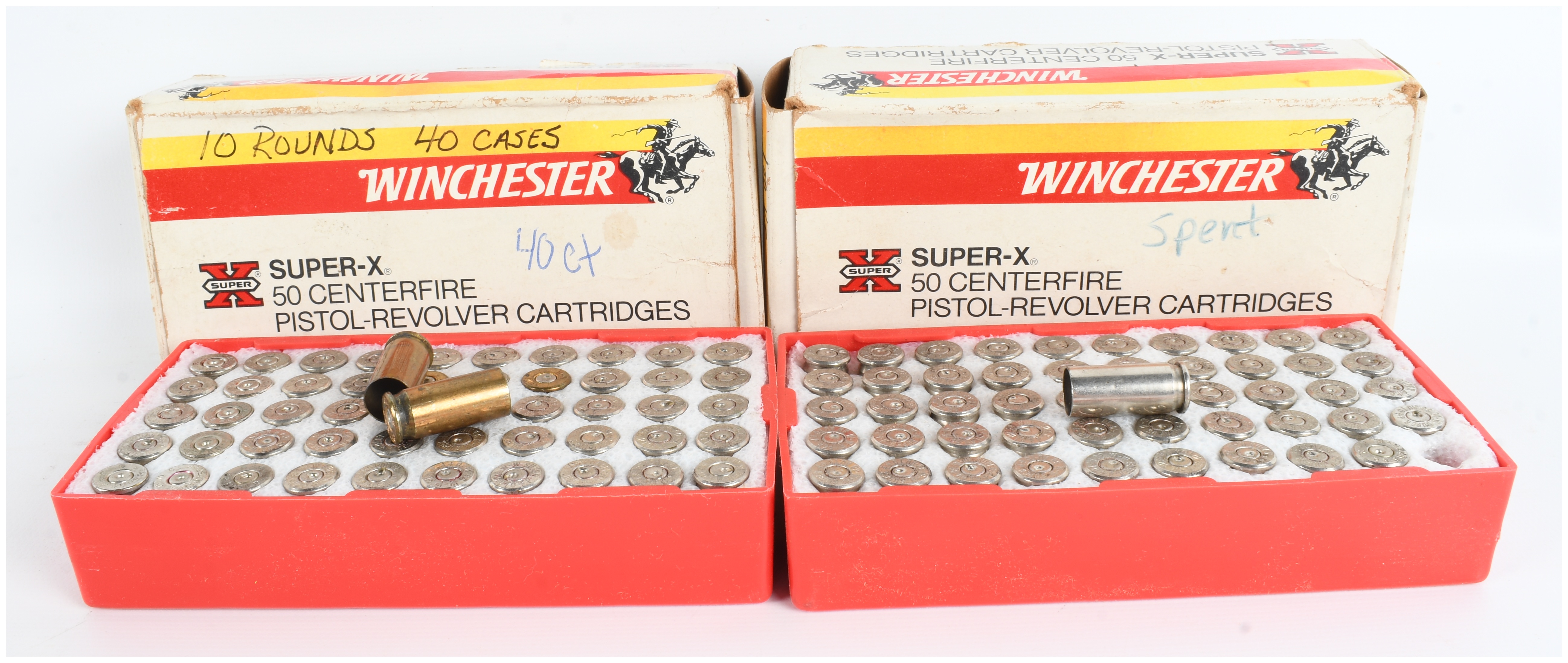 A Collection of 100 Winchester Super-X 38 Automatic Spent Ammunition Casings and Boxes