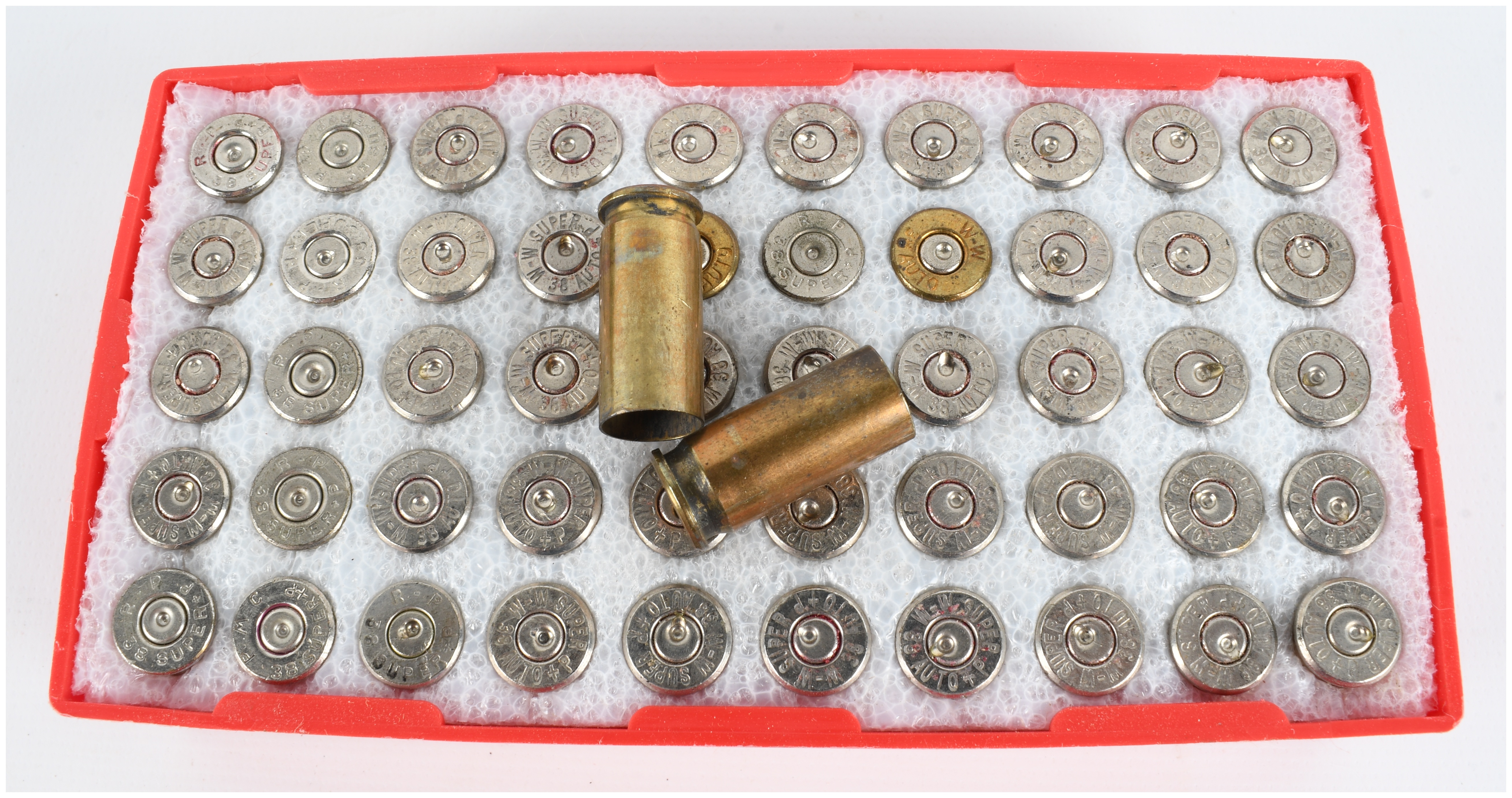 A Collection of 100 Winchester Super-X 38 Automatic Spent Ammunition Casings and Boxes
