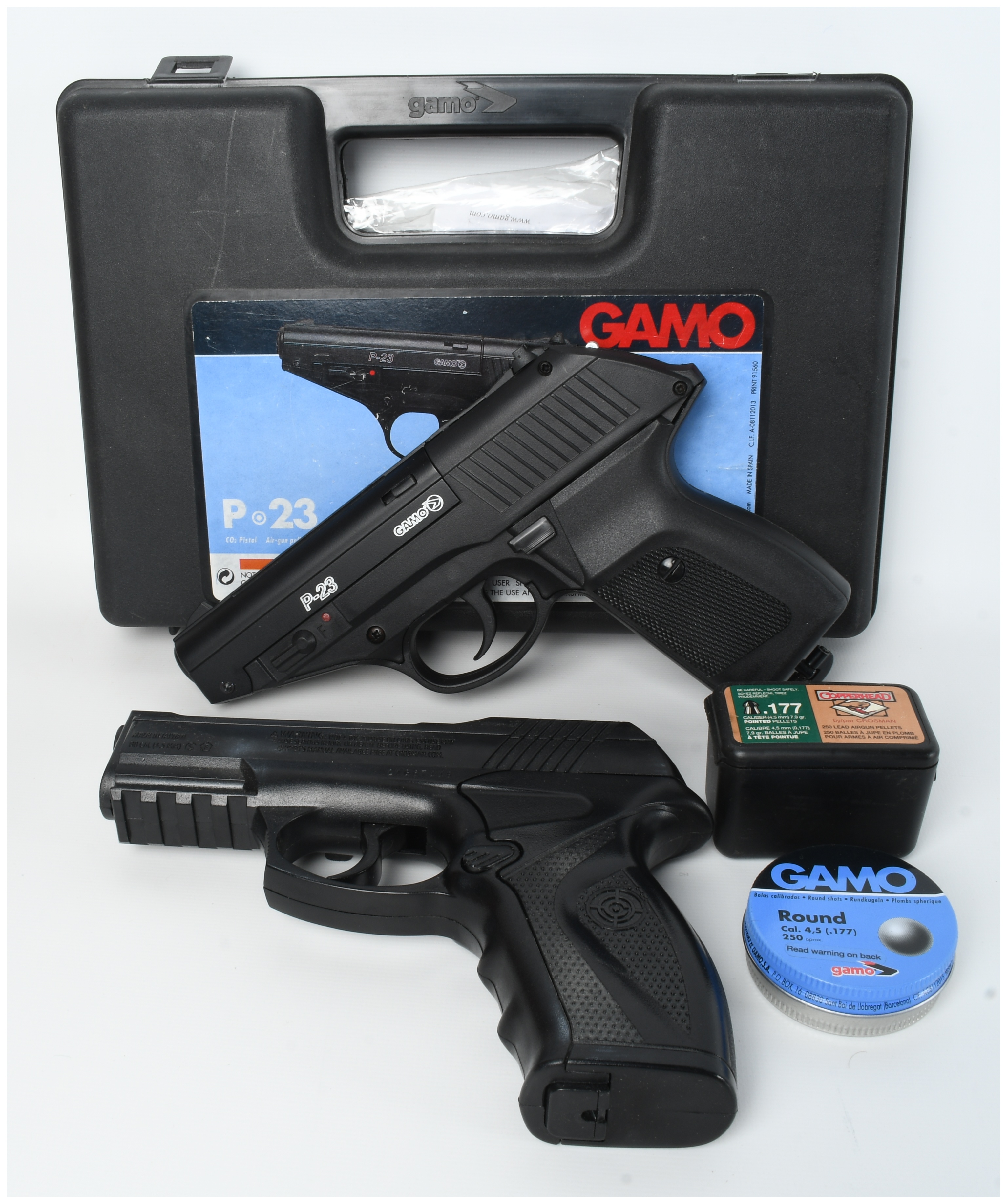 Three Airgun Items Including Gamo P-23 and Crosman C11 CO2 Powered BB Pistols
