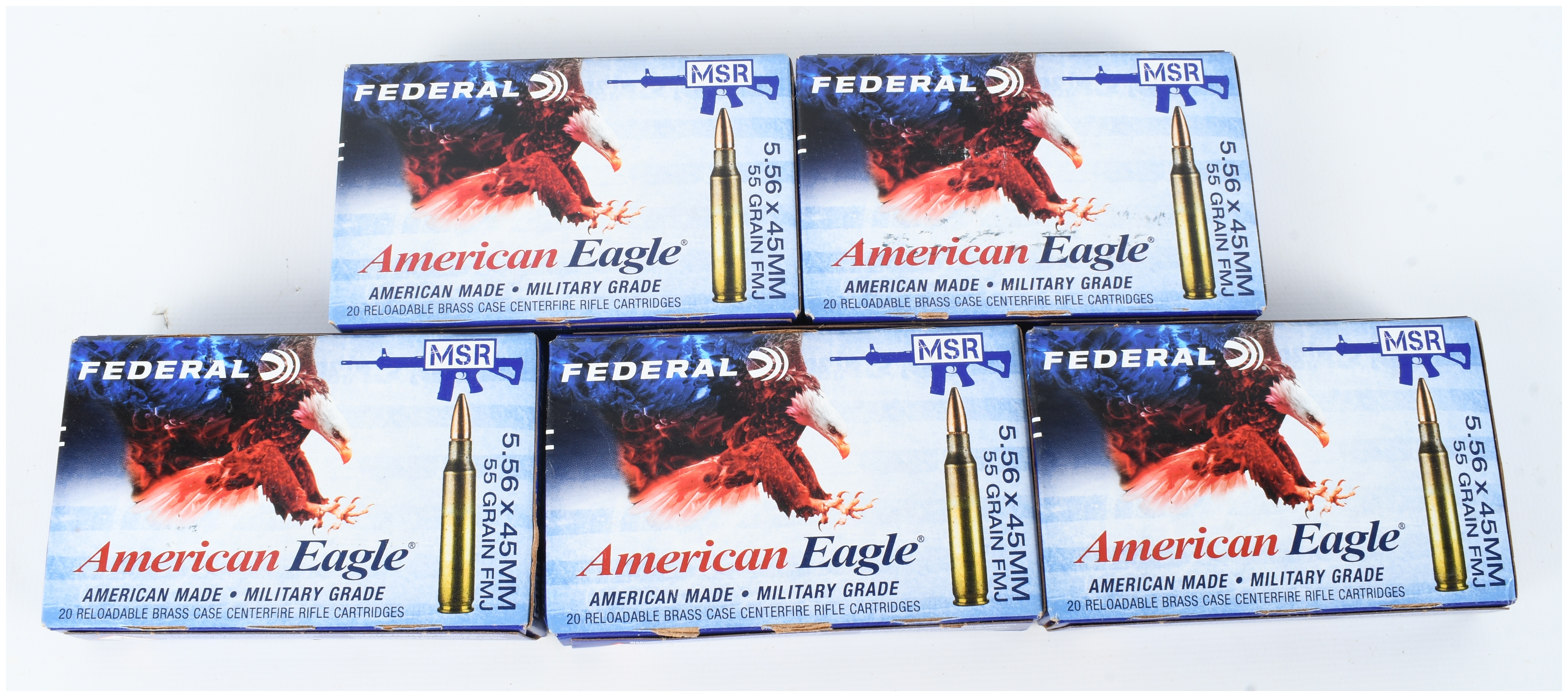 A Lot of 100 Rounds of Federal American Eagle 5.56x45mm NATO 55 Grain FMJ Ammunition