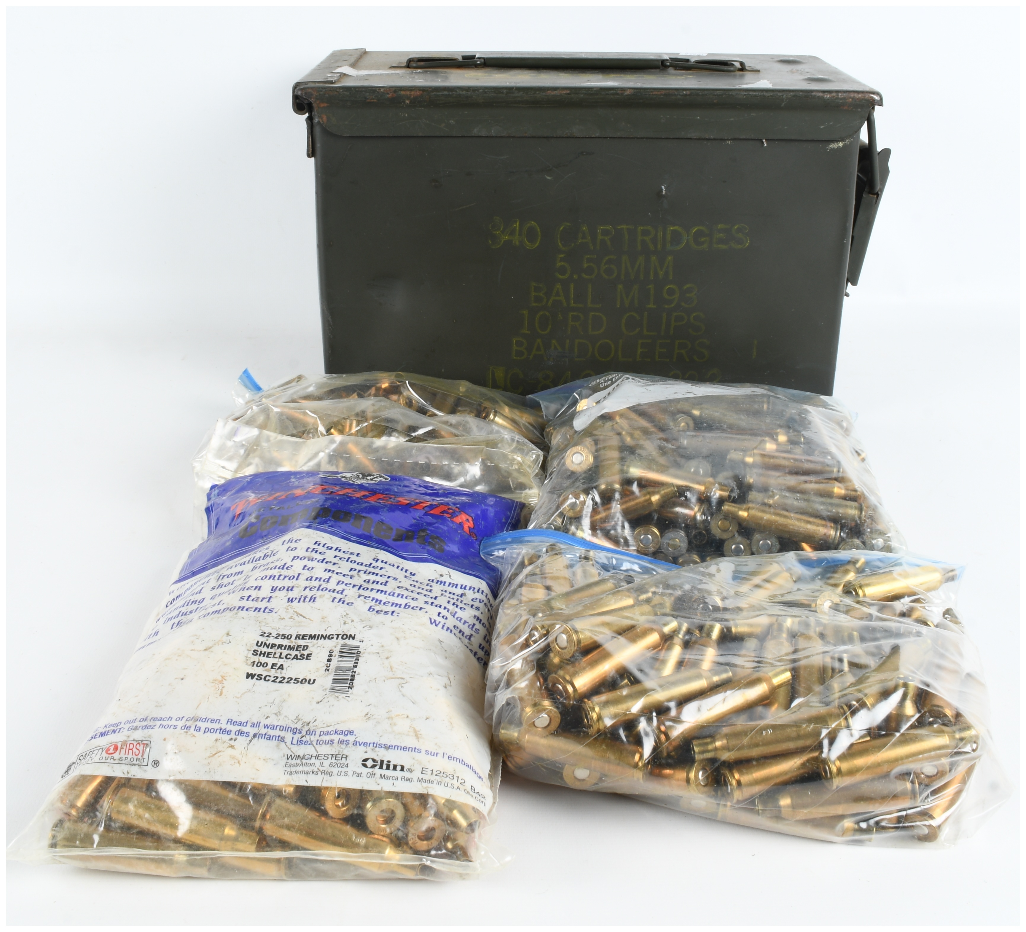 A Lot of 400 .22-250 Remington Caliber Brass Cartridge Cases and One Ammunition Can