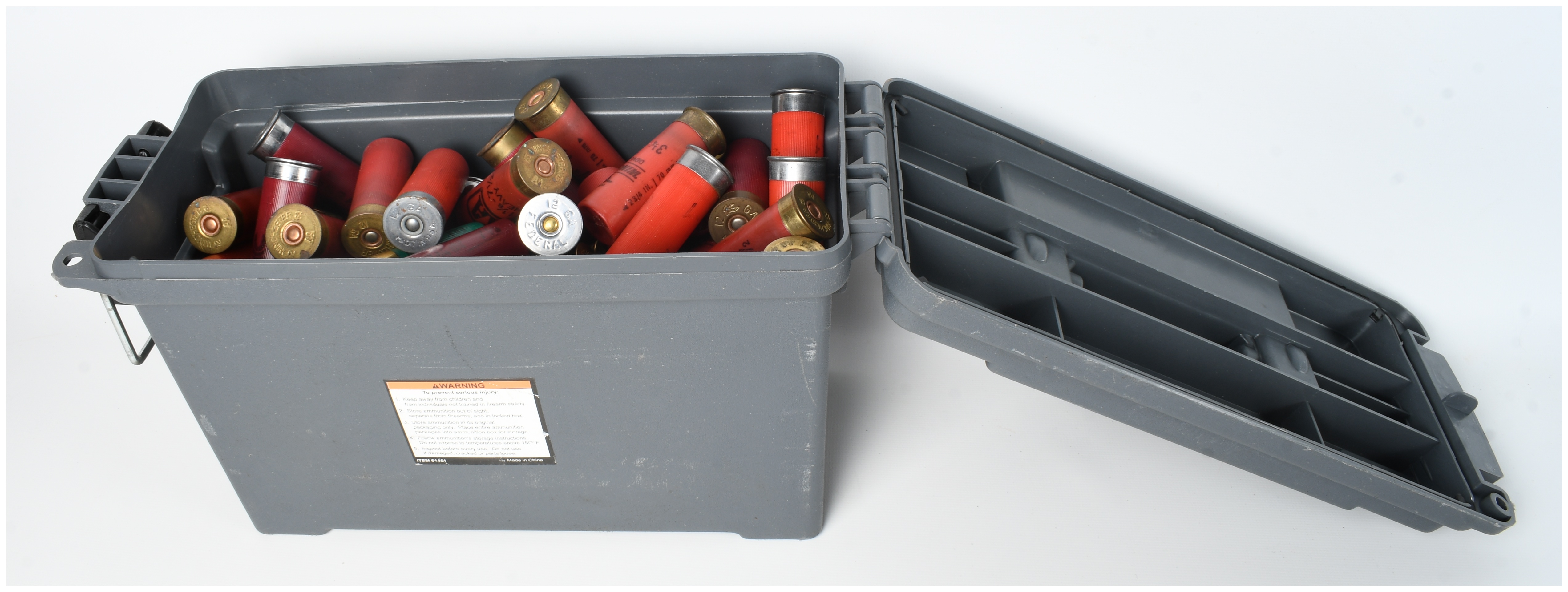 A Lot of 100 Mixed Manufacturers 12 Gauge Shotgun Shells with Ammunition Storage Box