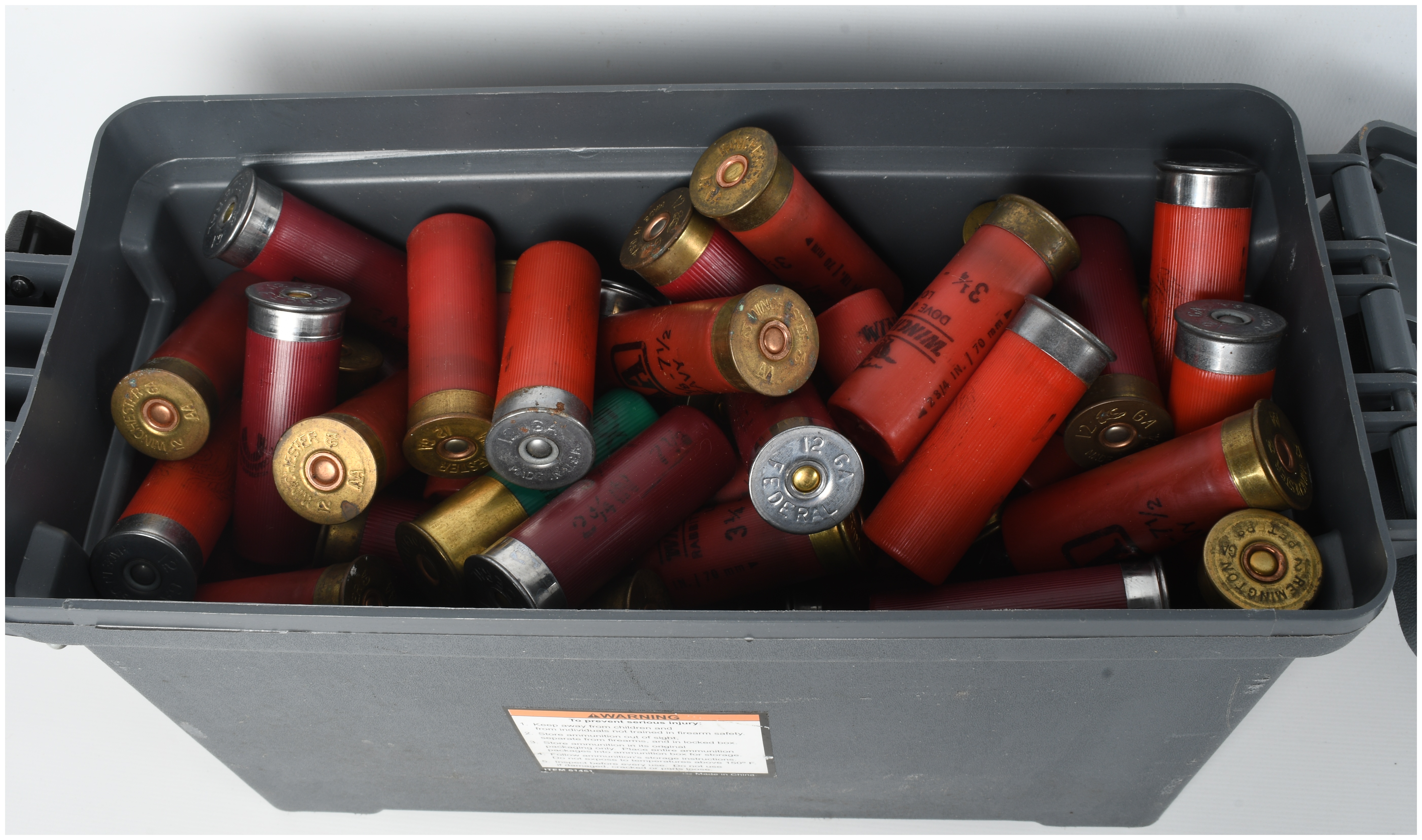 A Lot of 100 Mixed Manufacturers 12 Gauge Shotgun Shells with Ammunition Storage Box