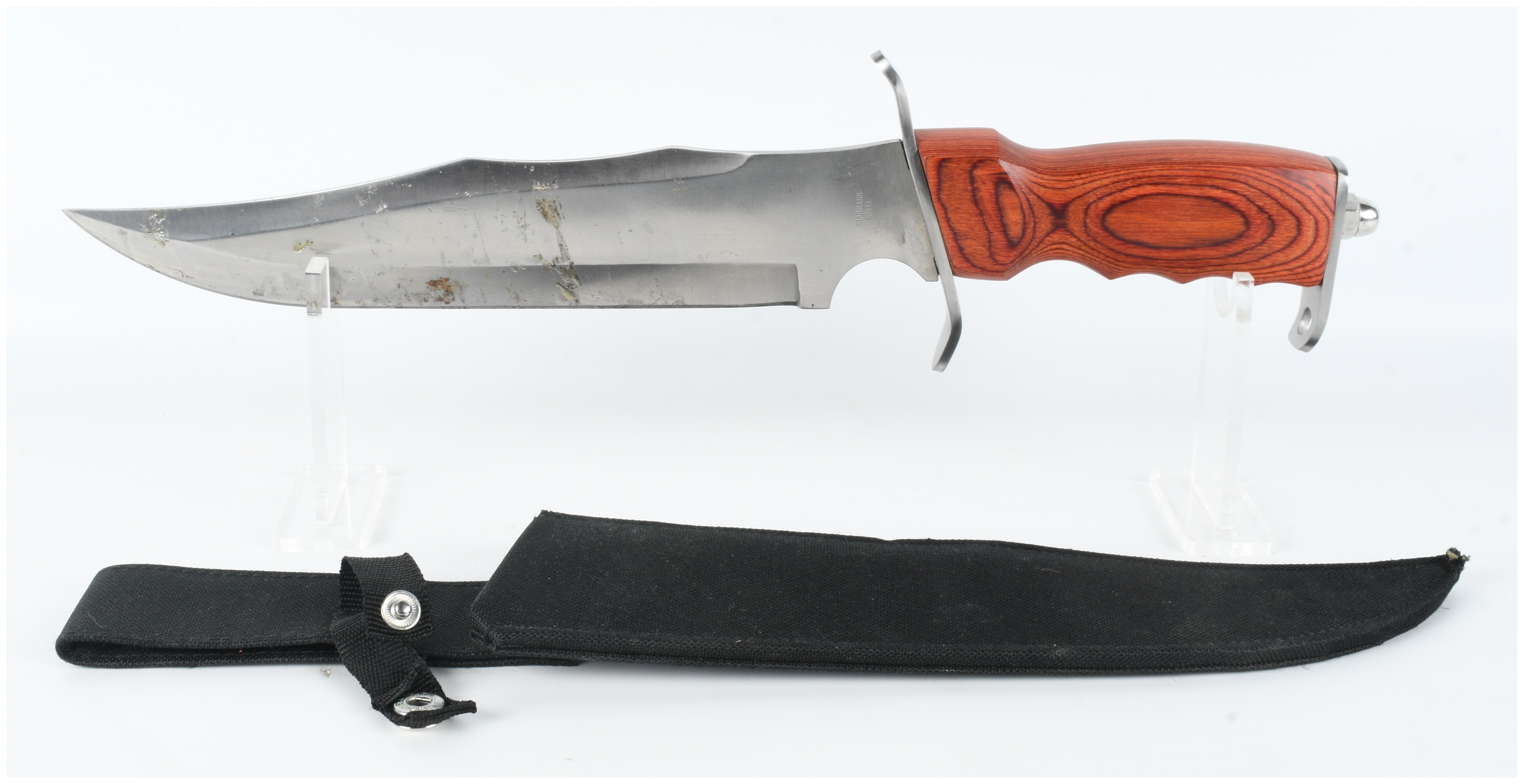 Large Stainless Steel Bowie Knife with Laminated Wood Handle and Sheath
