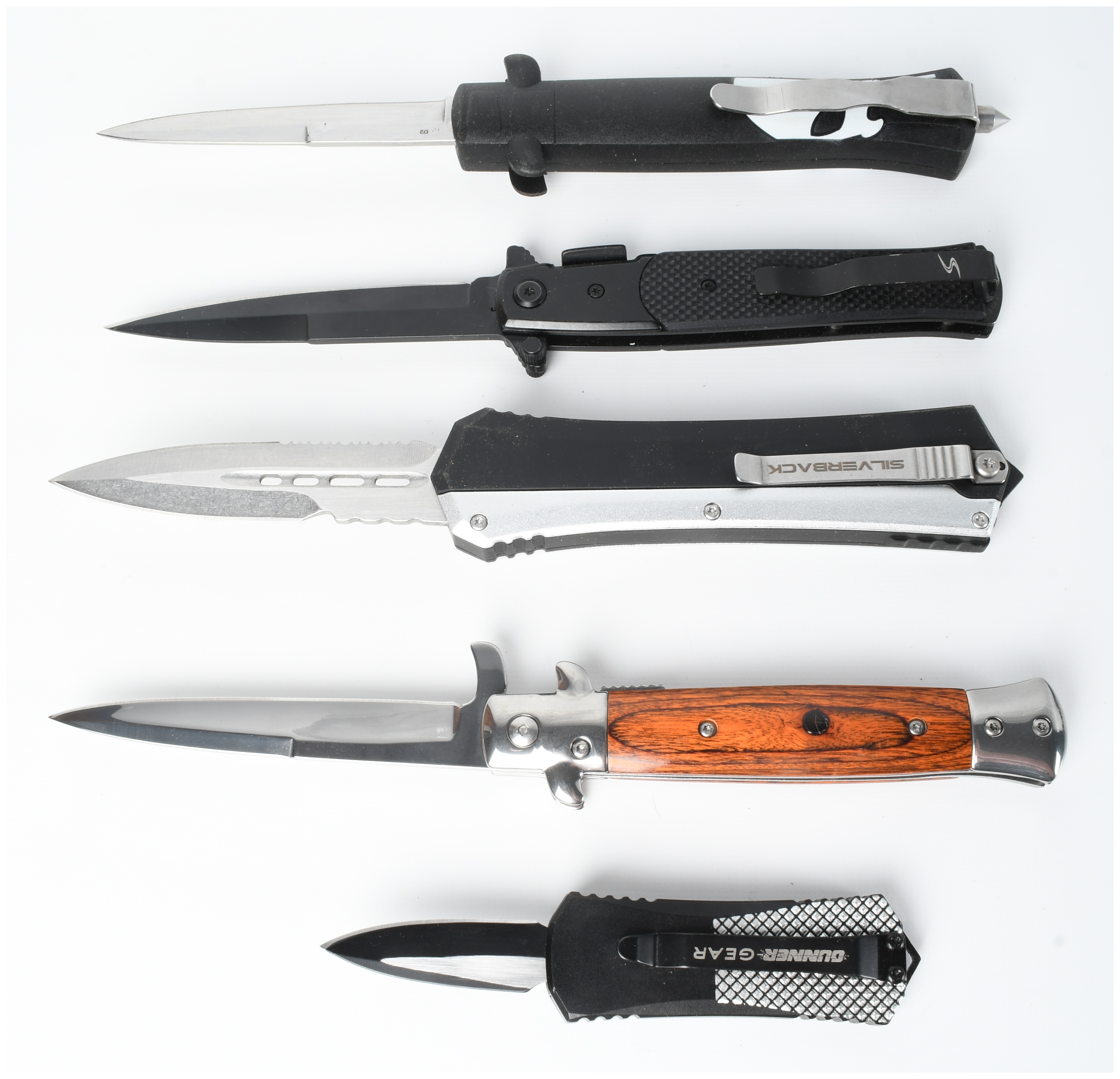 A Collection of 5 Assorted Automatic and Folding Pocket Knives