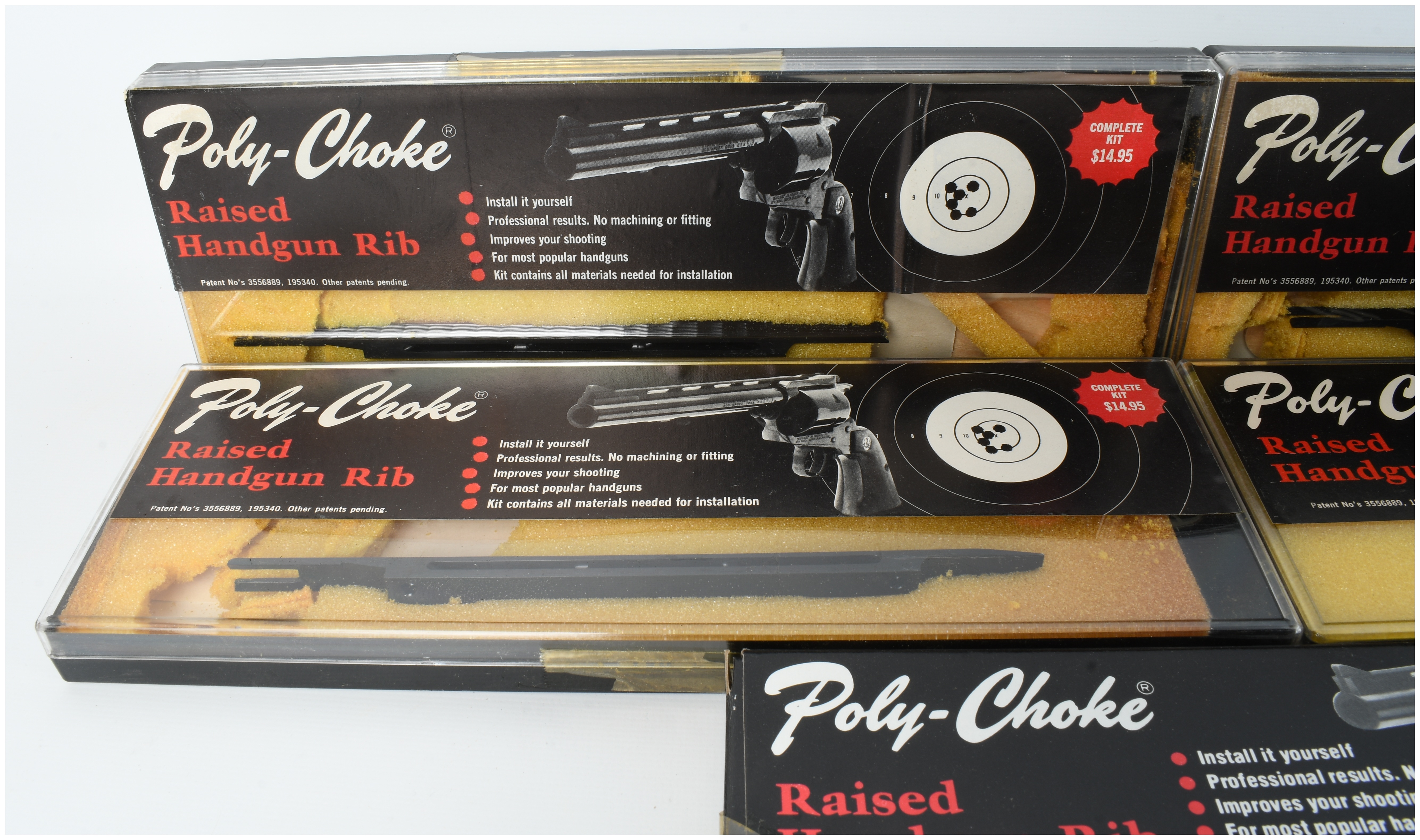 Eight Vintage Poly-Choke Raised Handgun Rib Accessory Kits in Original Packaging