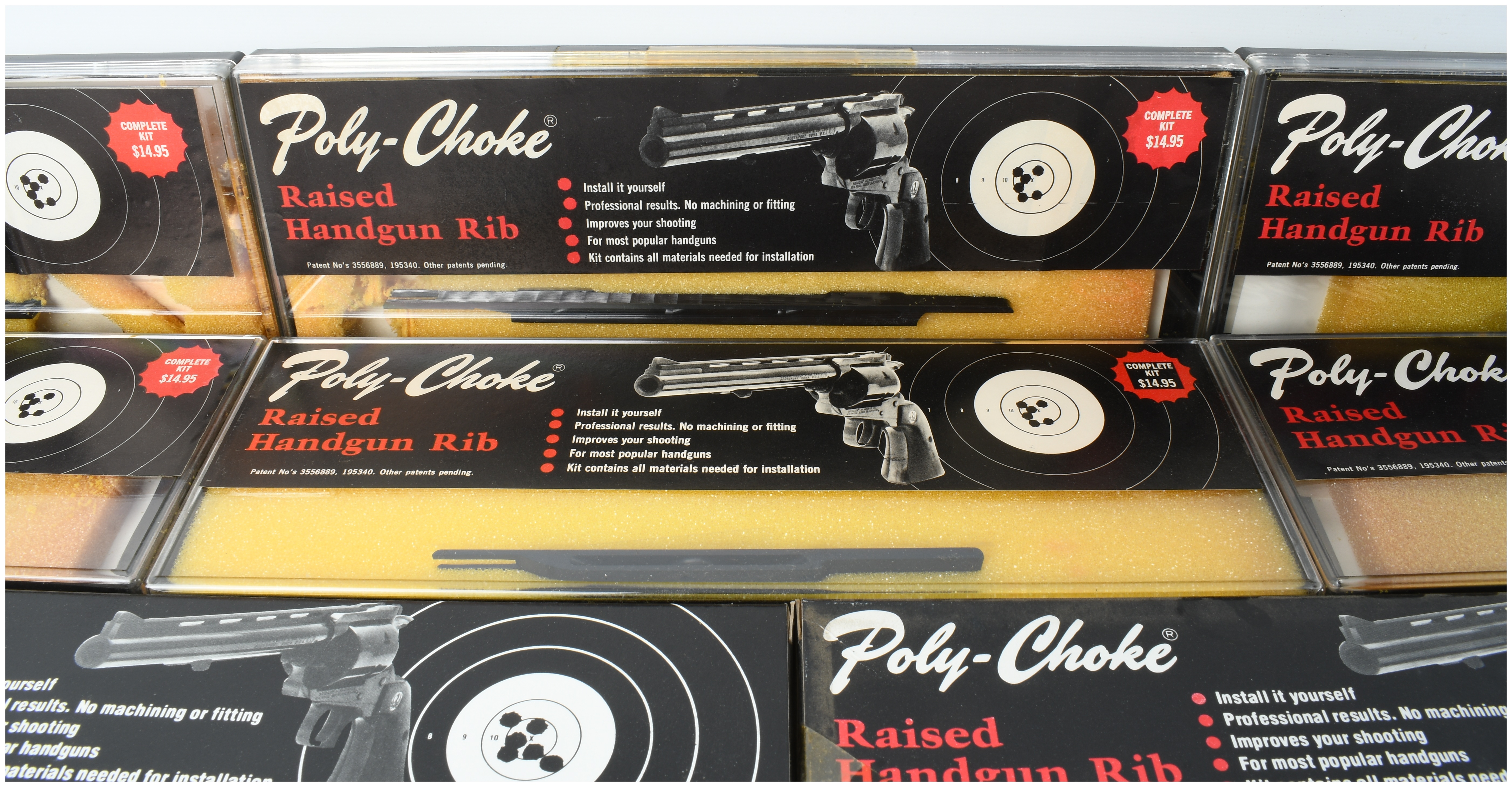 Eight Vintage Poly-Choke Raised Handgun Rib Accessory Kits in Original Packaging