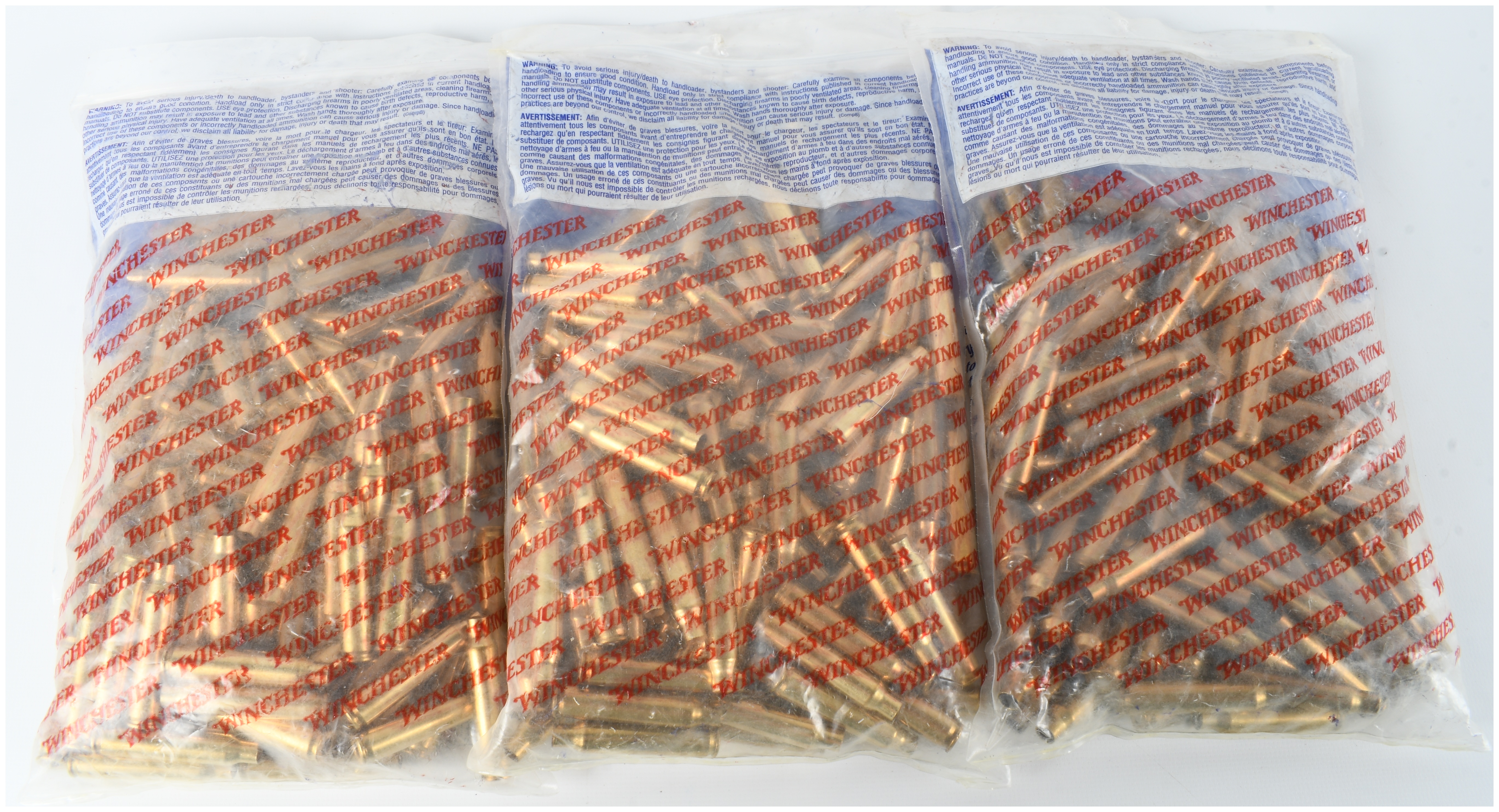 Three Packs of Winchester 223 Remington Unprimed Brass Rifle Shellcases, 300 Count