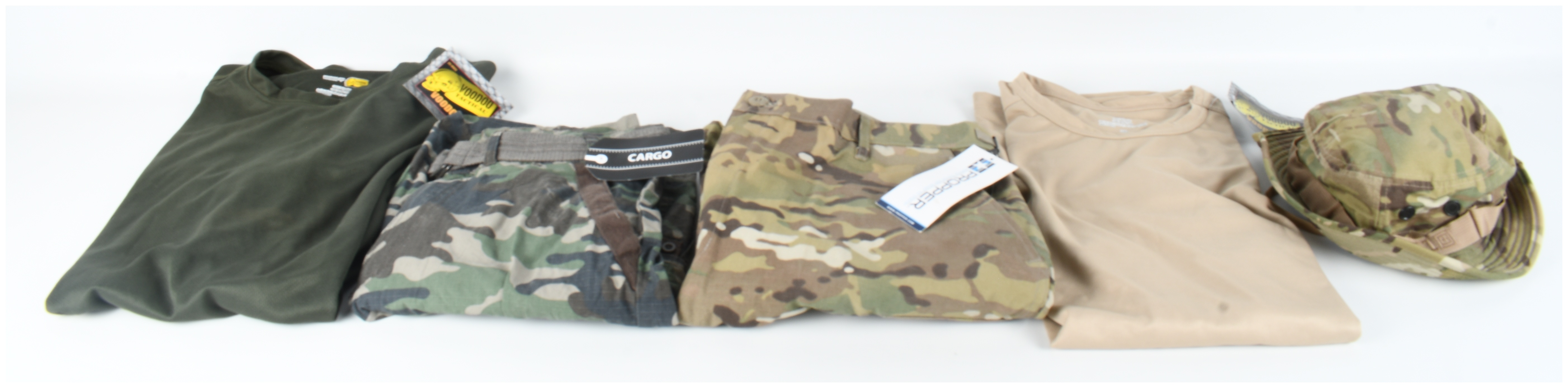 Five Piece Collection of Tactical Apparel Including Voodoo Tactical Propper and 5.11 Tactical
